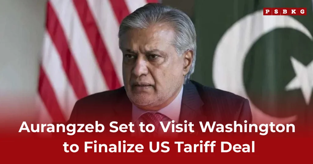 A blurred figure stands before US and Pakistan flags, symbolizing diplomatic talks, with a headline about Aurangzeb’s Washington visit for the Pakistan US tariff deal.
