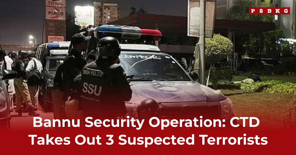Bannu CTD Operation, Police in tactical gear surround a marked vehicle during a nighttime security operation in Bannu, apprehending three suspected terrorists.