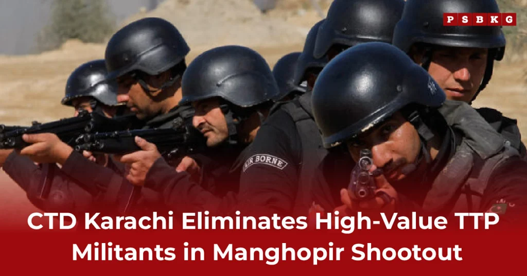CTD Manghopir Karachi TTP shootout – A tactical team in black uniforms and helmets aims their guns during an operation against militants in a desert-like setting.