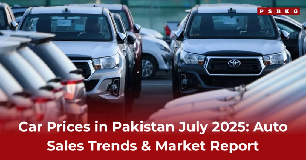 A lineup of new cars, including a prominent Toyota, with a bold title announcing July 2025 car prices and market trends in Pakistan.
