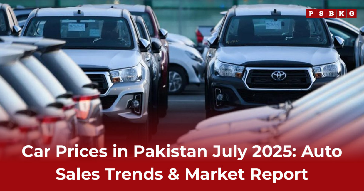 A lineup of new cars, including a prominent Toyota, with a bold title announcing July 2025 car prices and market trends in Pakistan.
