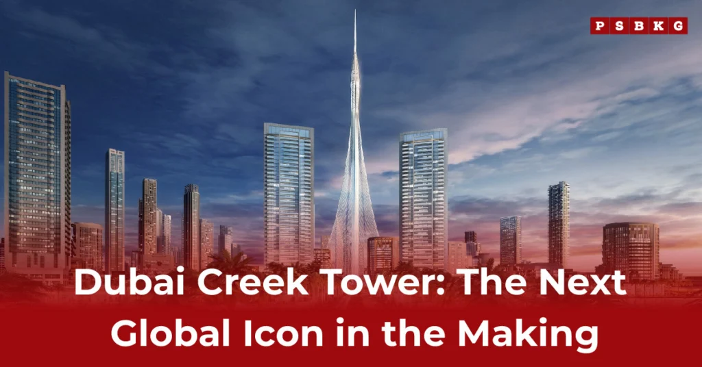 A futuristic skyline featuring the Dubai Creek Tower among modern skyscrapers, amidst a dramatic sky, labeled as a global icon.