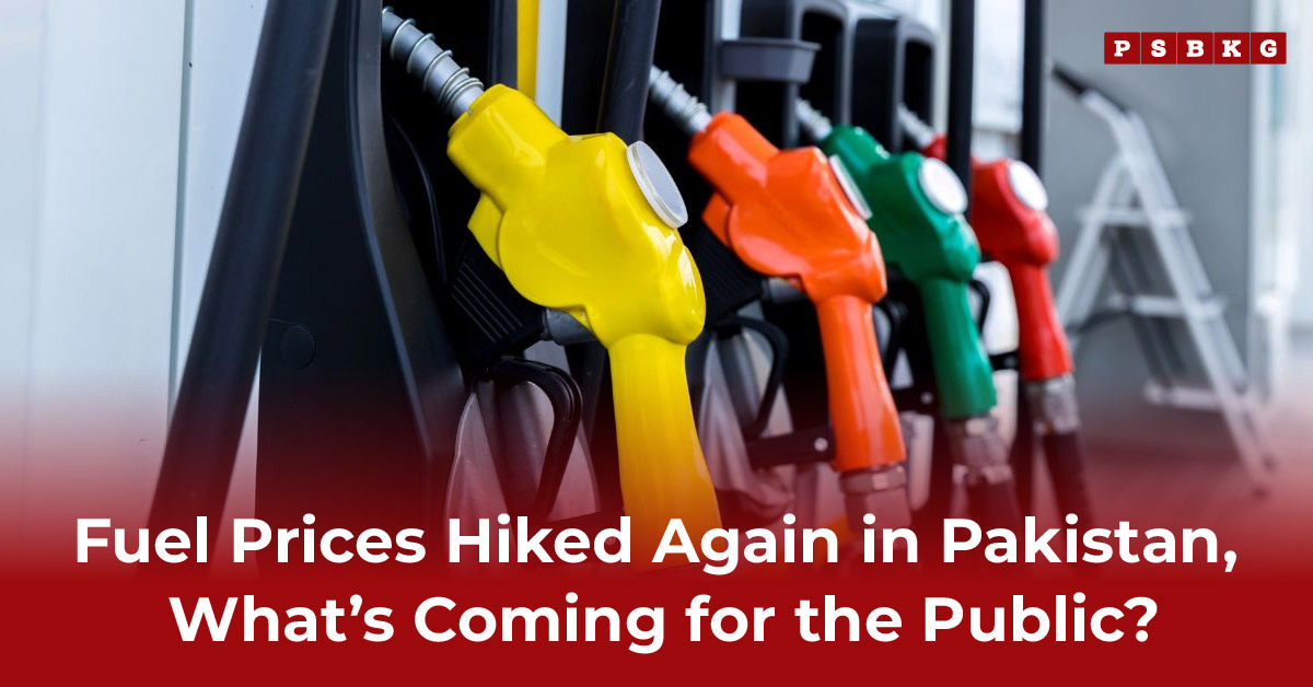 Colorful fuel nozzles at a gas station with a bold headline discussing recent fuel price hikes in Pakistan.