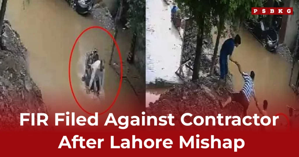 Two people wade through muddy water as one is being rescued — a scene that mirrors the recent tragedy where a biker falls in manhole Shahdara. An FIR against a contractor followed the mishap in Lahore.