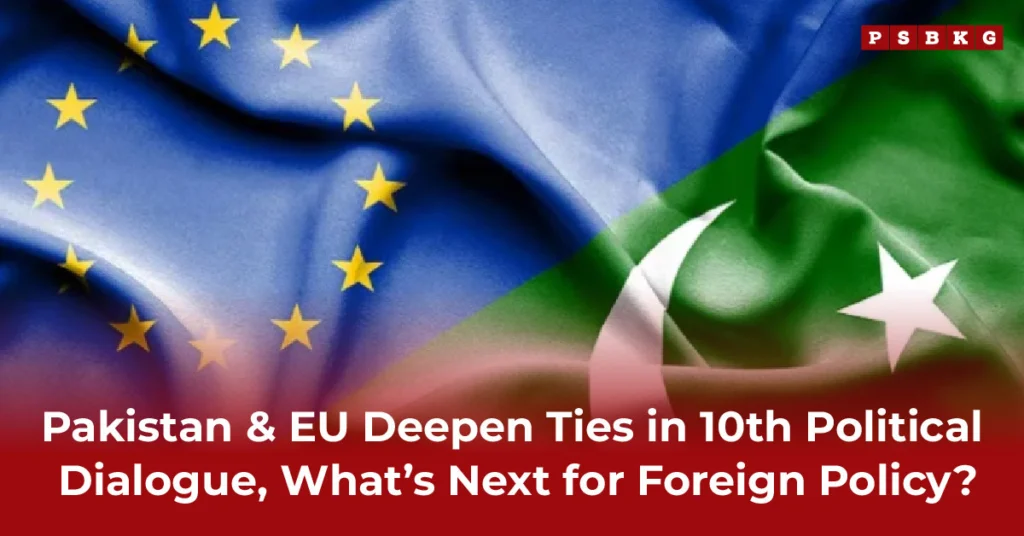 Flags of Pakistan and the EU merging, symbolizing the 10th Pakistan EU Political Dialogue and discussions on future foreign policy directions.