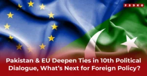 Flags of Pakistan and the EU merging, symbolizing the 10th Pakistan EU Political Dialogue and discussions on future foreign policy directions.