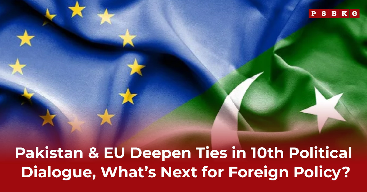 Flags of Pakistan and the EU merging, symbolizing the 10th Pakistan EU Political Dialogue and discussions on future foreign policy directions.