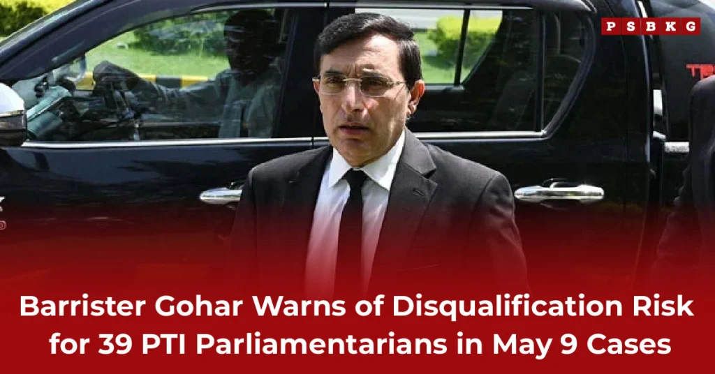 A suited barrister Gohar stands beside a black SUV, warning about potential disqualification of PTI parliamentarians in connection with the May 9 cases.