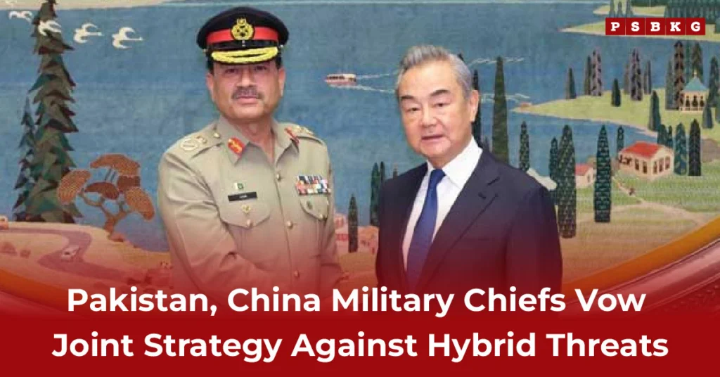 Two military leaders shake hands against a colorful landscape, symbolizing Pakistan-China coordination and joint strategy to counter hybrid threats.