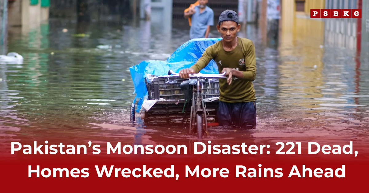 A man pulls a cart under a blue tarp through a flooded street in Pakistan, reflecting the devastation caused during the Pakistan Monsoon Death 2025.