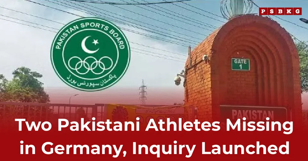 Entrance of Pakistan Sports Board, featuring its logo, with a headline about Pakistani athletes missing in Germany and an inquiry launched.