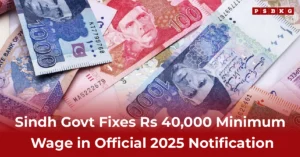 A spread of Pakistani currency notes in assorted denominations, alongside an official notice highlighting the Sindh minimum wage 2025 announcement.