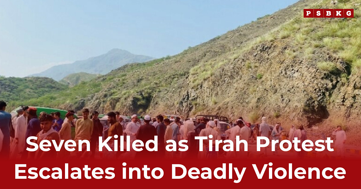 Tirah Valley protest, A crowd gathers near rocky terrain amidst a tense atmosphere following violent protests in Tirah, resulting in seven fatalities.