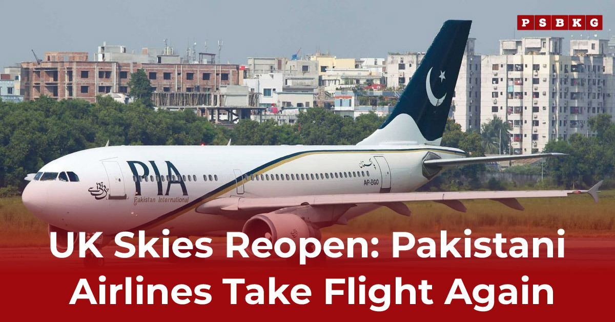 A Pakistan International Airlines plane on the runway, with urban buildings in the background, signaling the reopening of UK skies after the UK lifts ban.