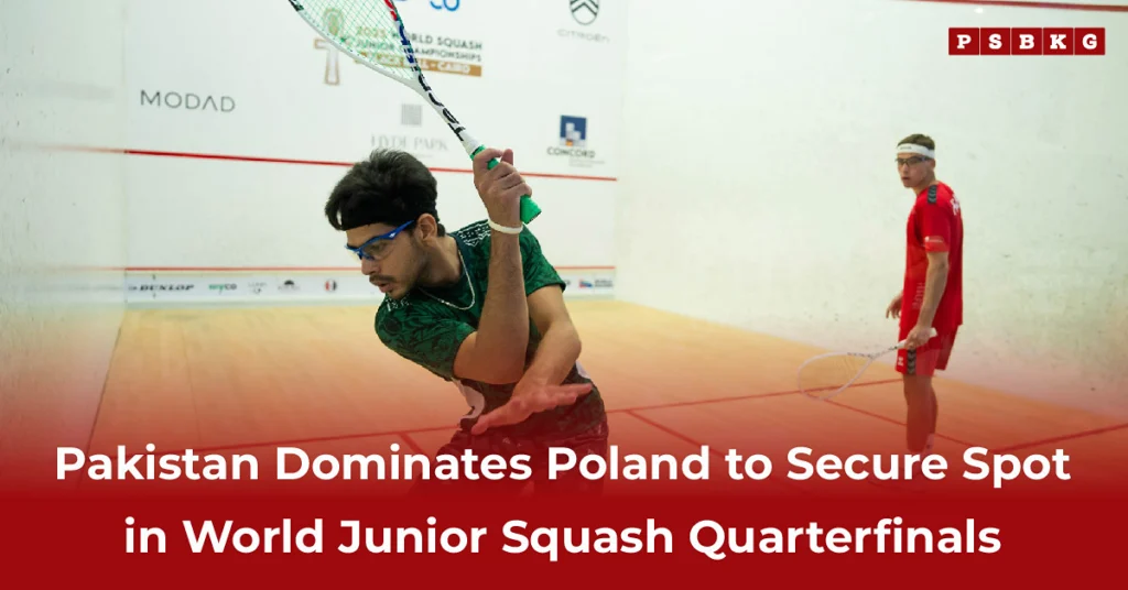 A player from the Pakistan Junior Squash Team, dressed in a green shirt, prepares to strike the ball during a dynamic match against an opponent.