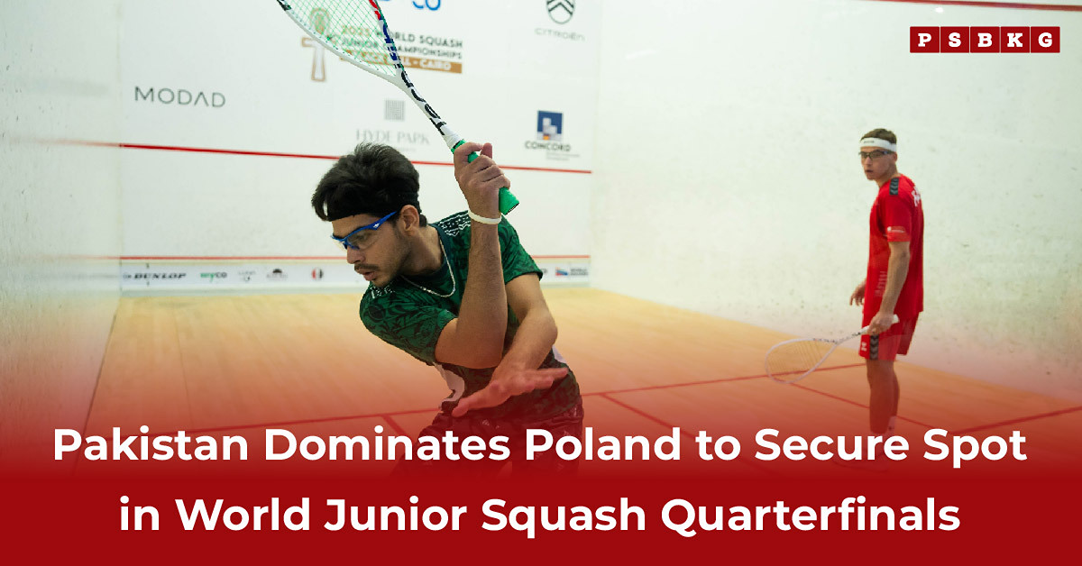 A player from the Pakistan Junior Squash Team, dressed in a green shirt, prepares to strike the ball during a dynamic match against an opponent.