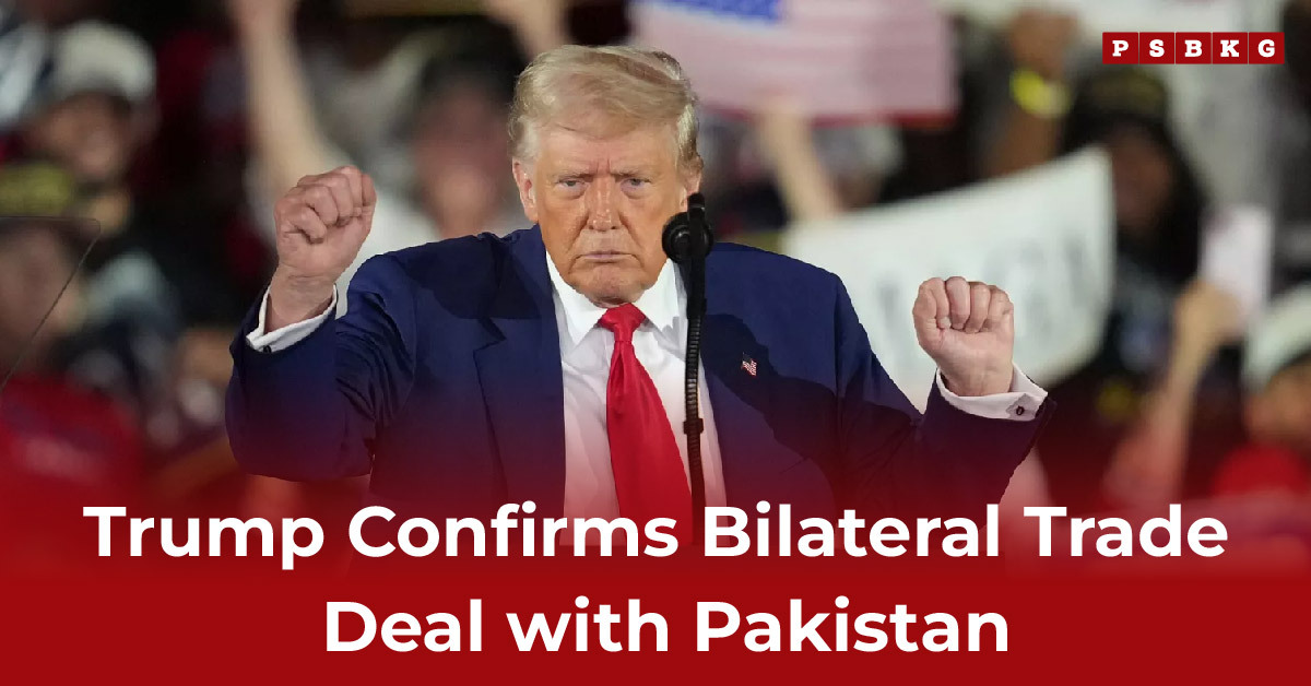 A speaker at a rally enthusiastically announces the trade deal final US-Pakistan, raising fists in excitement as the crowd responds.