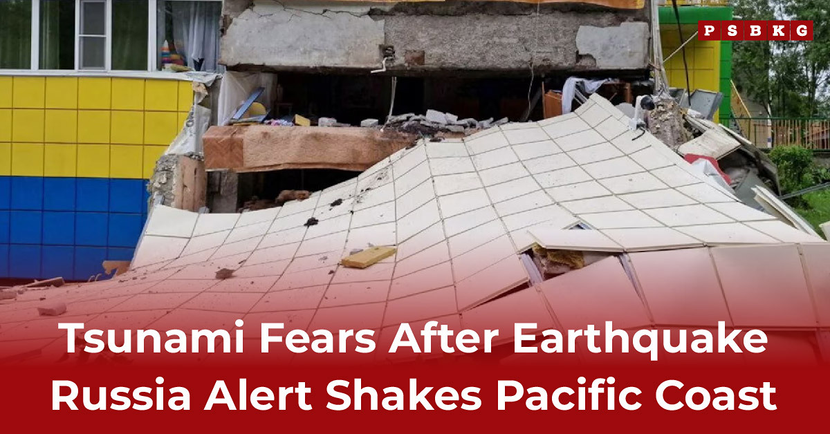Collapsed building after a significant quake, triggering the Earthquake Russia Alert and raising tsunami fears along the Pacific coast; debris scattered across the area.