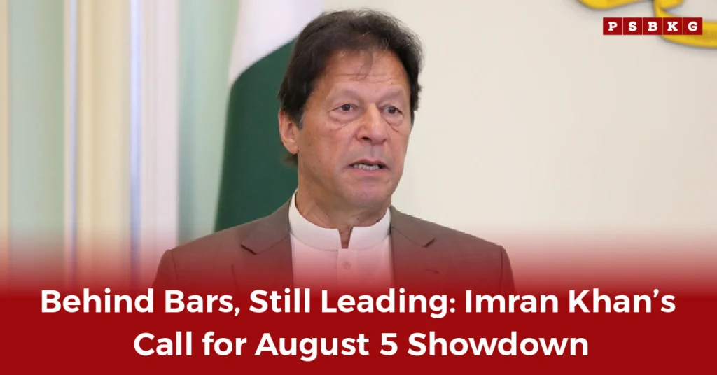 Imran Khan makes a statement regarding a planned event on August 5, with the national flag in the background, highlighting Imran Khan’s Call for protest.