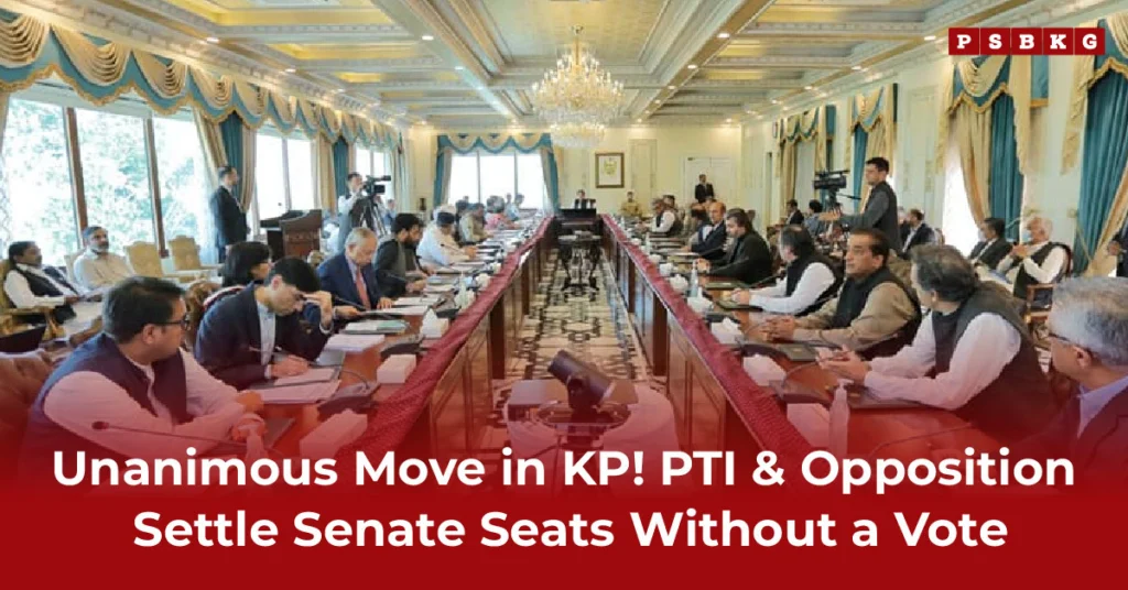 A conference room with numerous officials seated around a long table, actively discussing the details of the Uncontested Senate Elections in KP.