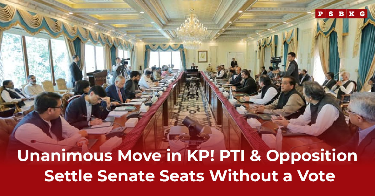 A conference room with numerous officials seated around a long table, actively discussing the details of the Uncontested Senate Elections in KP.