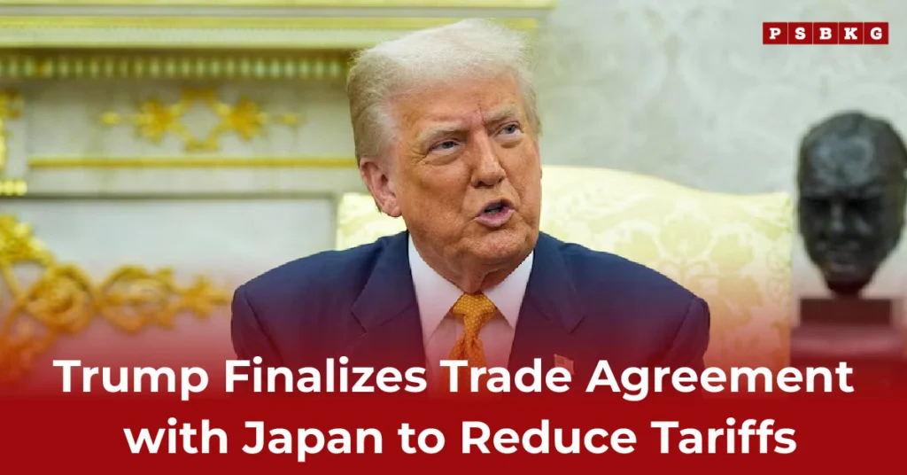 President Trump announces a new trade agreement with Japan to reduce tariffs, standing in a formal setting with an ornate backdrop, Trump Japan Tariffs Deal.