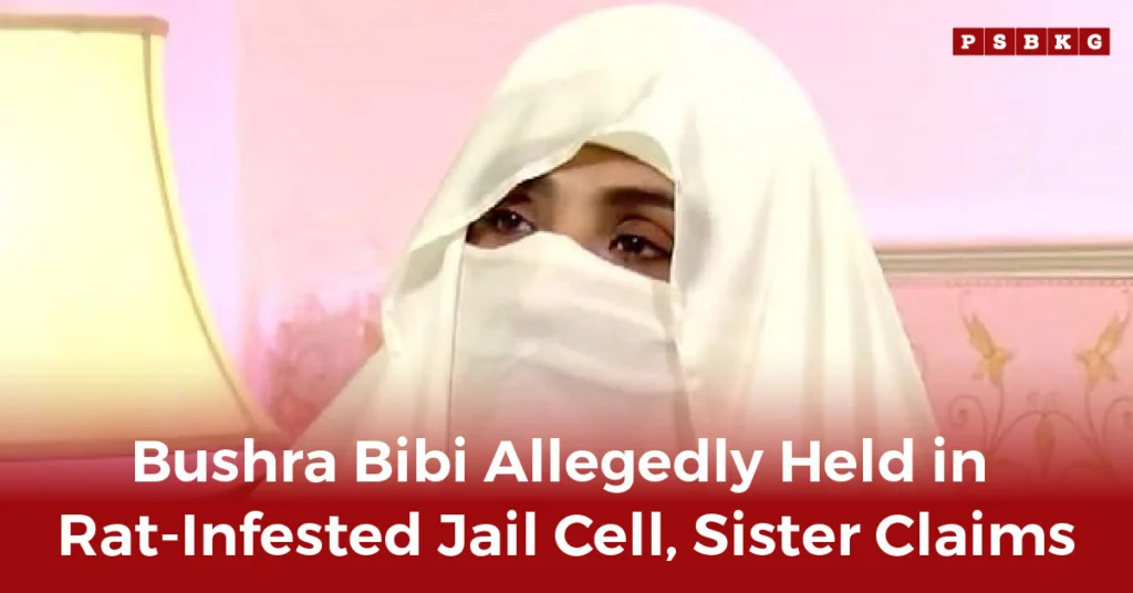 Bushra Bibi in a white outfit sits against a soft pink background, with a lamp beside her, conveying a somber atmosphere.