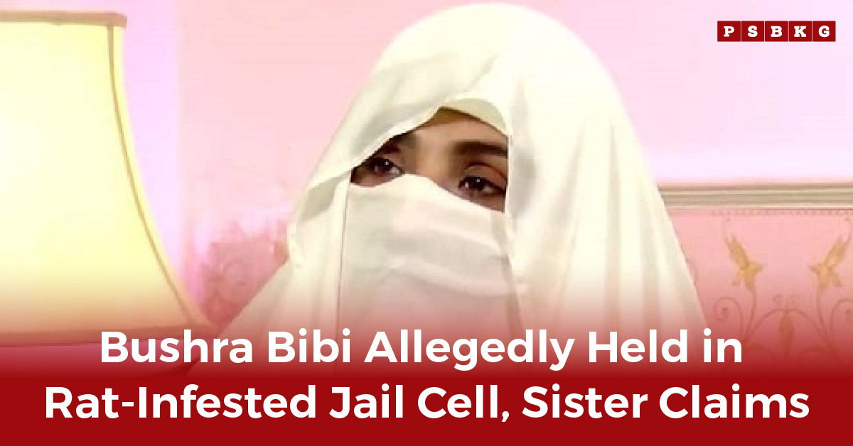 Bushra Bibi in a white outfit sits against a soft pink background, with a lamp beside her, conveying a somber atmosphere.