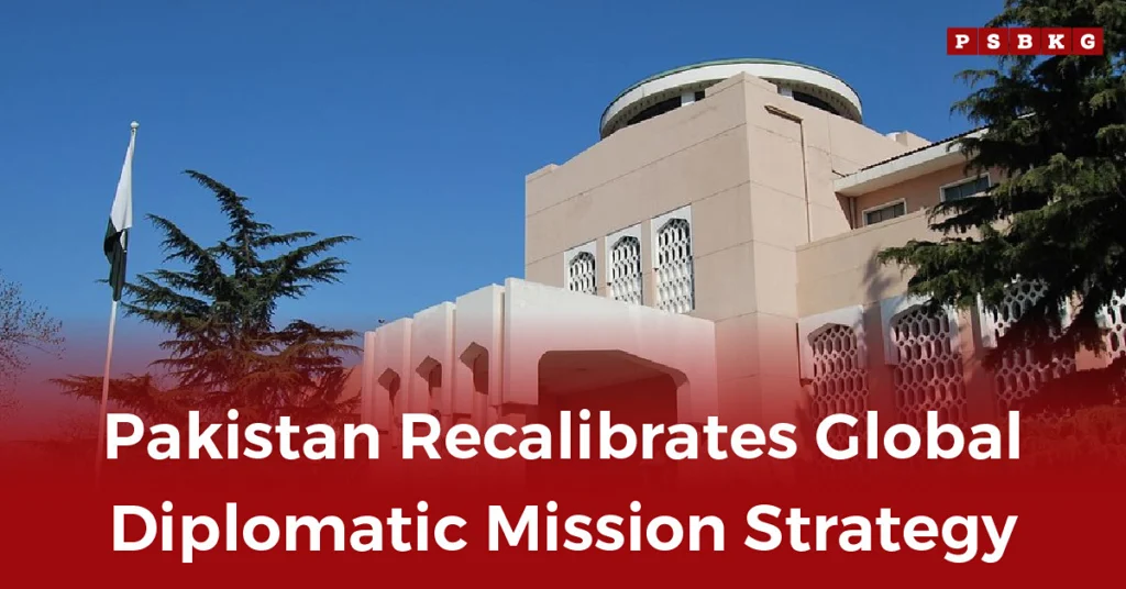 A view of one of Pakistan's diplomatic missions, showcasing the building with lush greenery and the national flag, symbolizing a strategic recalibration in foreign policy.