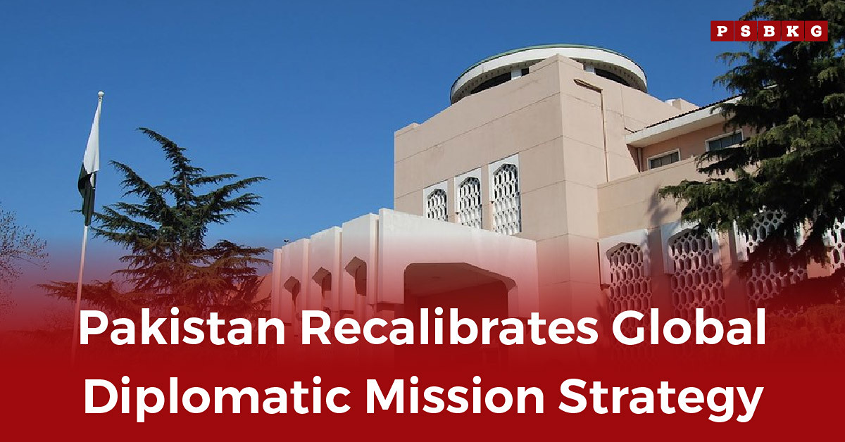 A view of one of Pakistan's diplomatic missions, showcasing the building with lush greenery and the national flag, symbolizing a strategic recalibration in foreign policy.