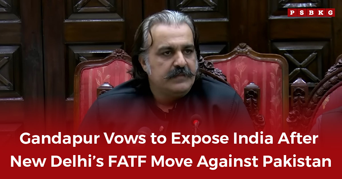 A man speaking at a podium, addressing the media, amid ornate wooden panels and plush red seating, discussing the FATF move against Pakistan and India's involvement.