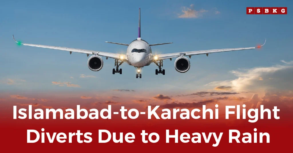 An aircraft approaches for landing with the headline "Islamabad-to-Karachi PIA flight disruptions Karachi rain" displayed below.