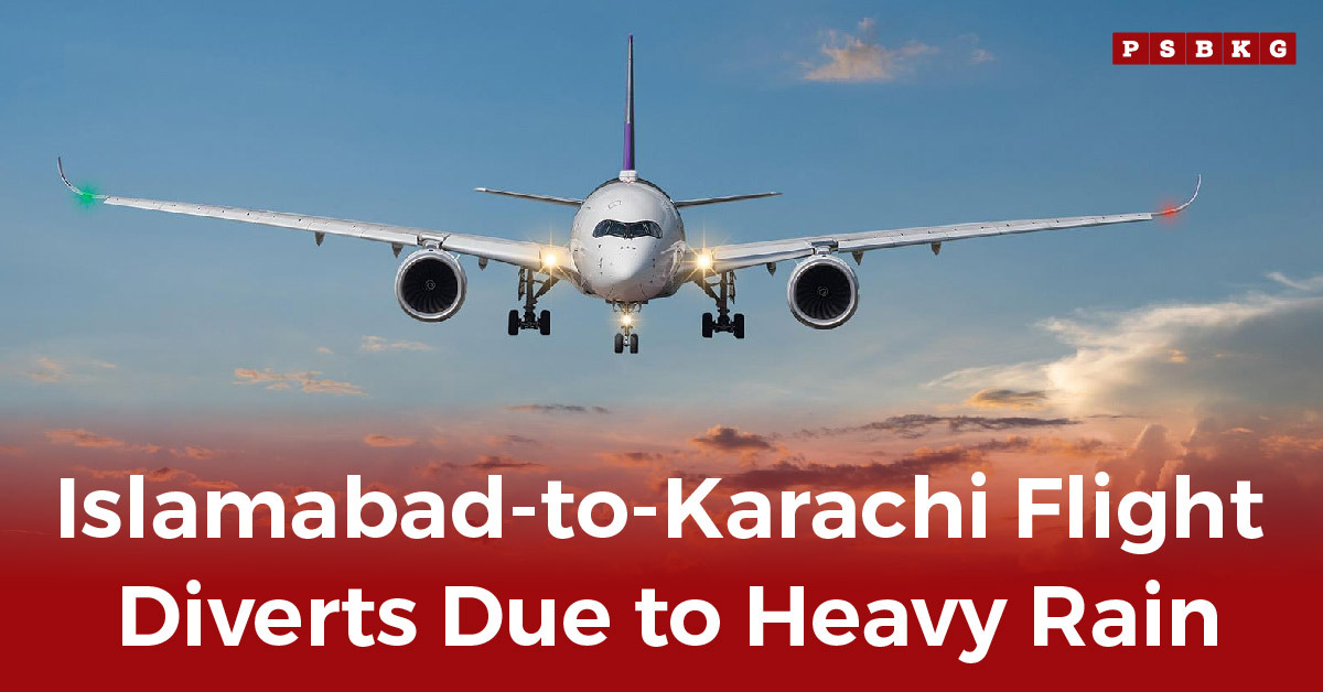 An aircraft approaches for landing with the headline "Islamabad-to-Karachi PIA flight disruptions Karachi rain" displayed below.