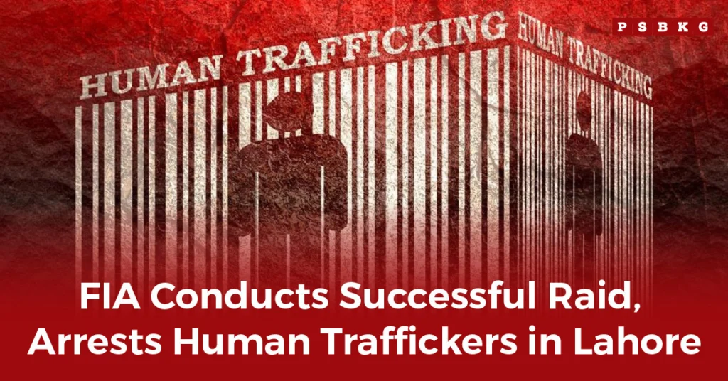 Illustration depicting a figure behind barcodes, highlighting human trafficking. Text announces successful arrest of traffickers in Lahore by FIA.
