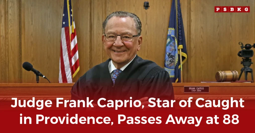 Courtroom scene with Judge FRANK CAPRIO in a black robe, seated at the bench with American flags and a nameplate reading Judge FRANK CAPRIO in the background.
