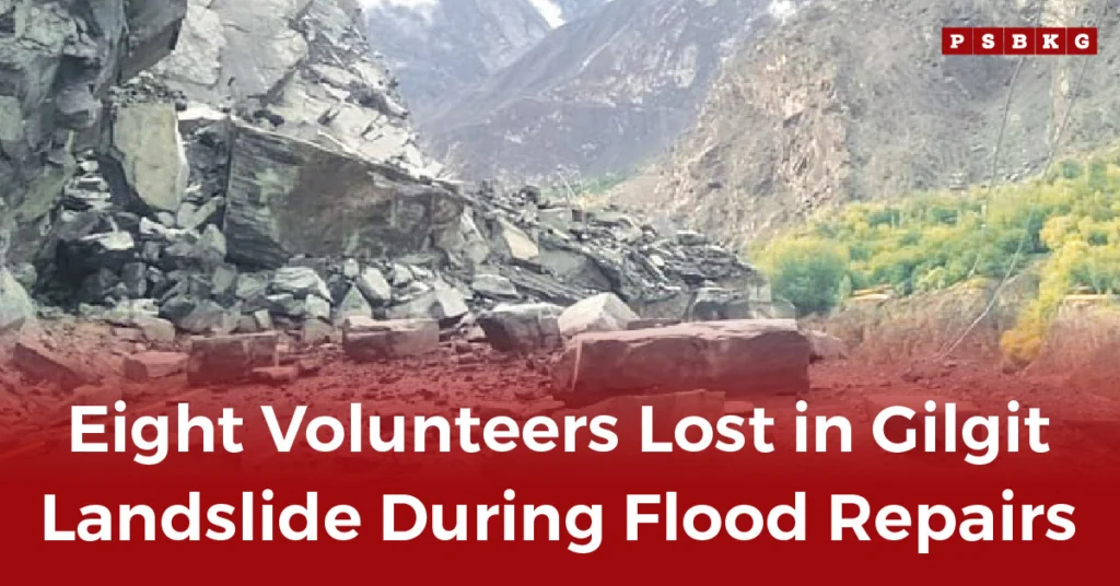 Aftermath of Gilgit landslide volunteers killed incident showing large boulders and debris during repair work.