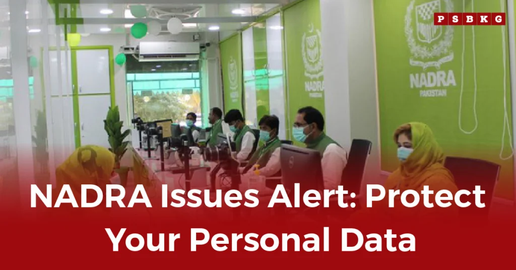 A busy NADRA office with staff in green uniforms, focused on computers, as the atmosphere reflects urgency following the recent NADRA Identity alert.