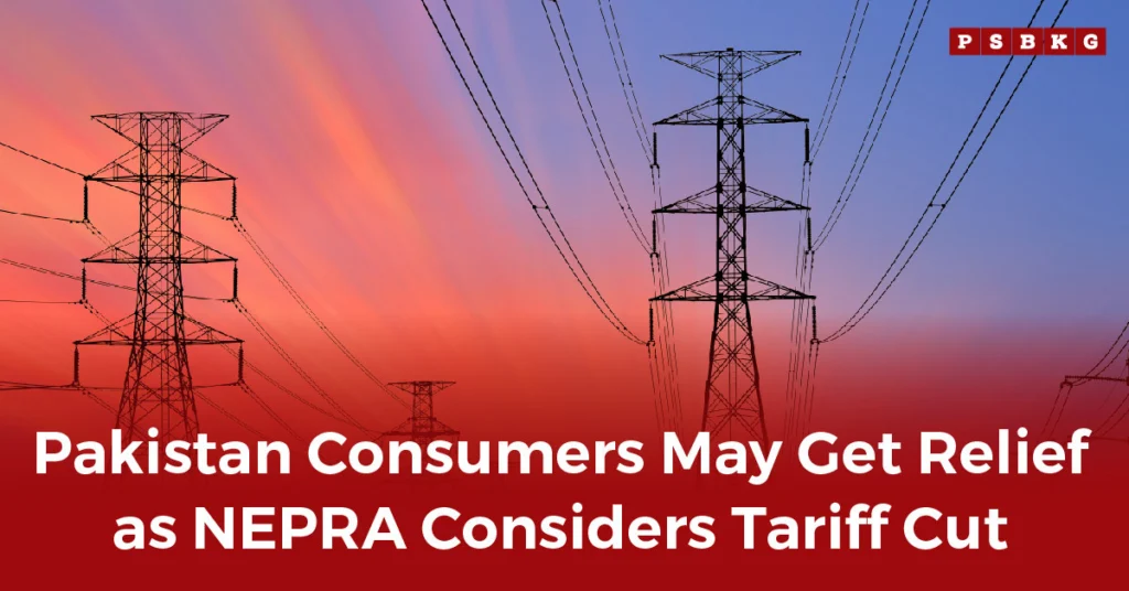 Silhouettes of high voltage power lines against a colorful sunset, announcing potential electricity tariff reduction for Pakistan consumers.