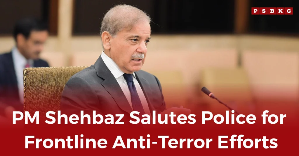 PM Shehbaz delivers a speech on Police Martyrs Day, honoring police officers for their dedication to anti-terrorism efforts, during a formal ceremony.