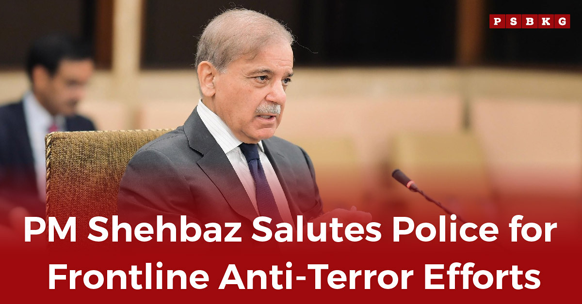 PM Shehbaz delivers a speech on Police Martyrs Day, honoring police officers for their dedication to anti-terrorism efforts, during a formal ceremony.