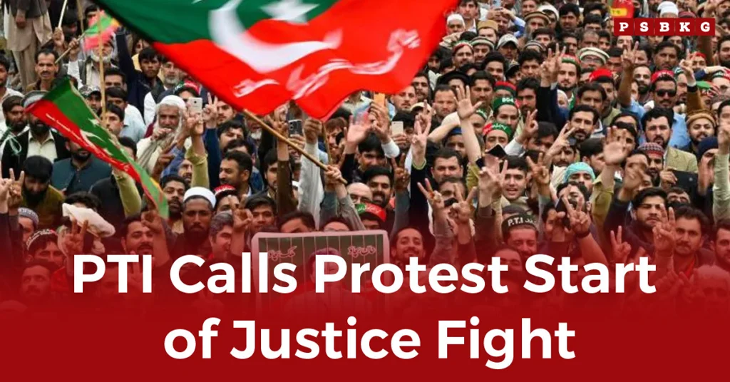 A large crowd at a PTI protest struggle for justice, waving flags and holding signs in support of the movement.