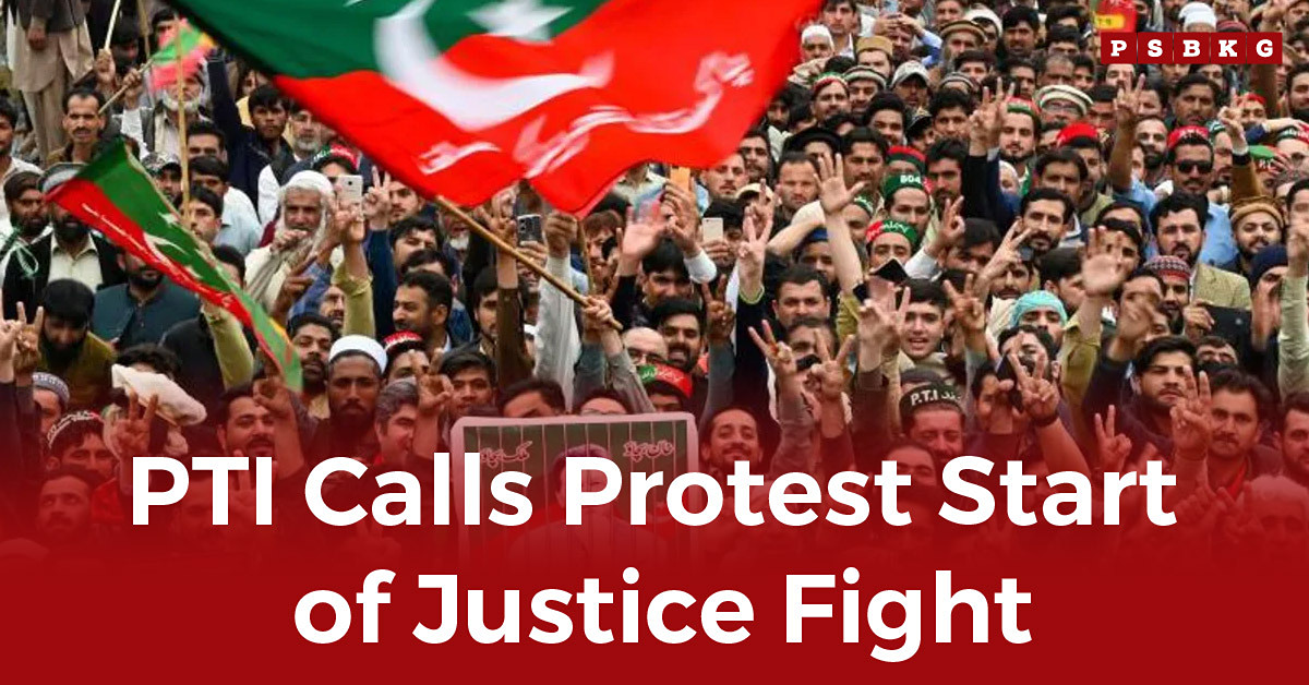 A large crowd at a PTI protest struggle for justice, waving flags and holding signs in support of the movement.