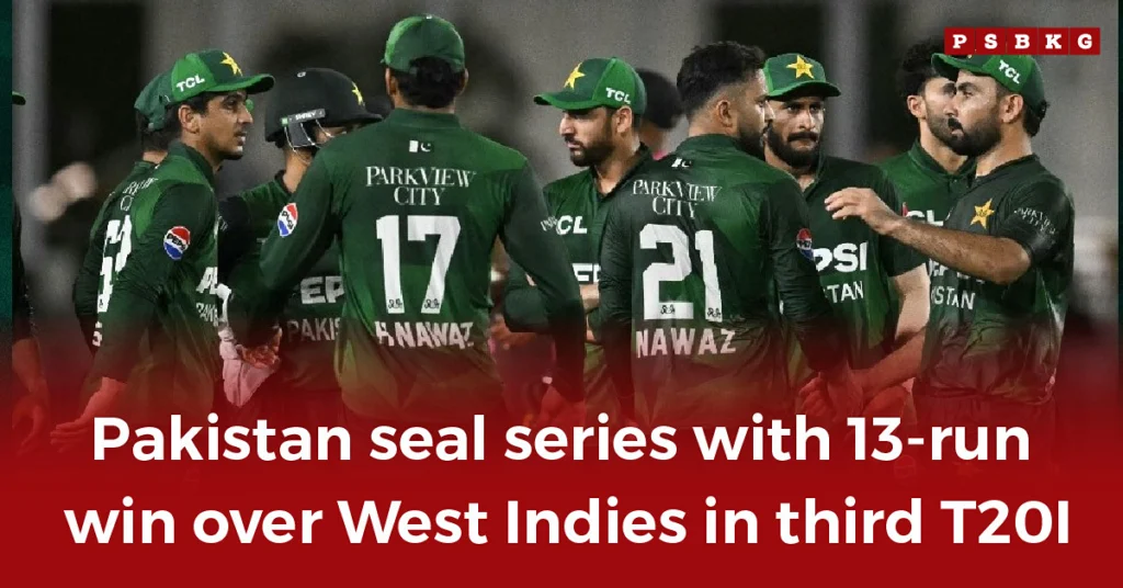 Pakistan cricket team celebrates a victory after winning the third T20I against West Indies by 13 runs, sealing the Pakistan T20I series win West Indies 2025.