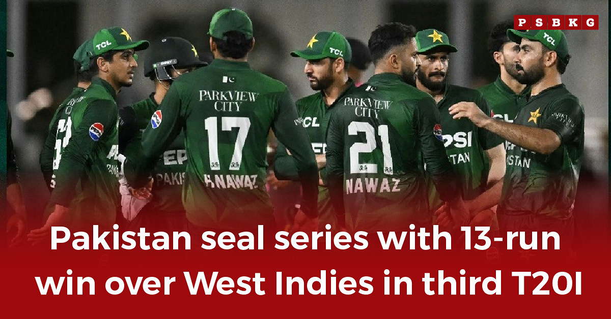 Pakistan cricket team celebrates a victory after winning the third T20I against West Indies by 13 runs, sealing the Pakistan T20I series win West Indies 2025.