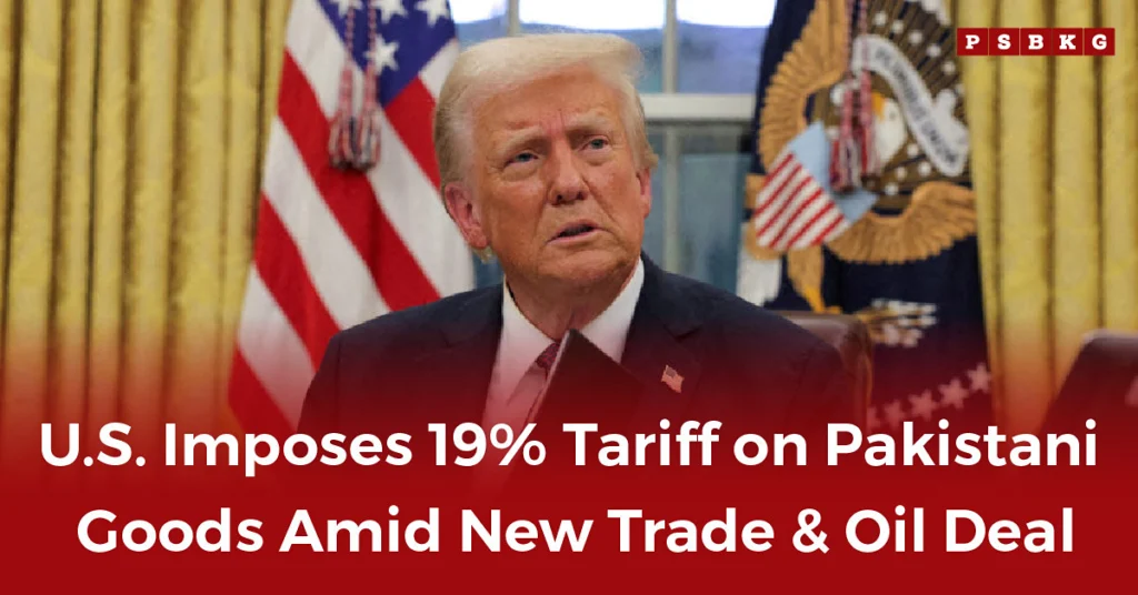 U.S. government press room with flags, announcing 19% tariff on Pakistani goods as part of a new trade and oil agreement — highlighting Pakistan US tariffs policy shift.