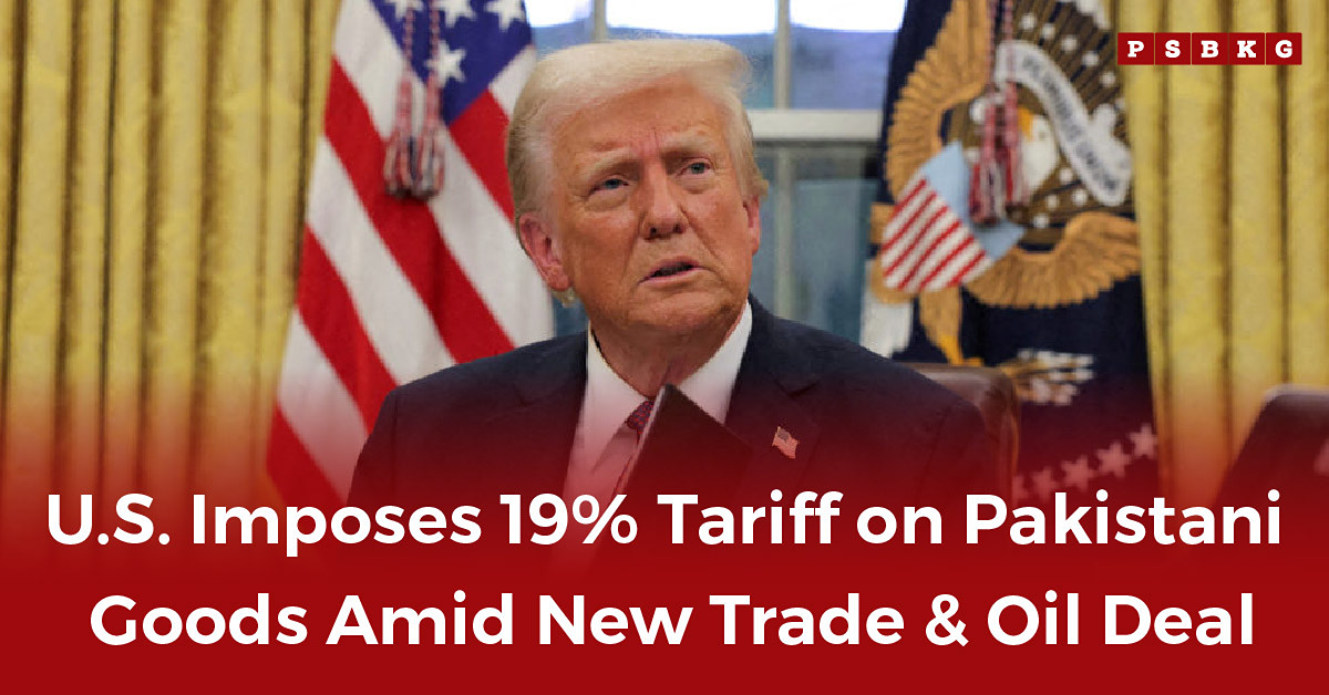 U.S. government press room with flags, announcing 19% tariff on Pakistani goods as part of a new trade and oil agreement — highlighting Pakistan US tariffs policy shift.