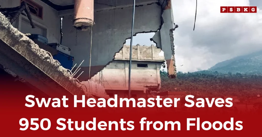 Damaged school building in Swat, showing a large hole caused by floods; Swat headmaster saves students from floods, rescuing 950 children.