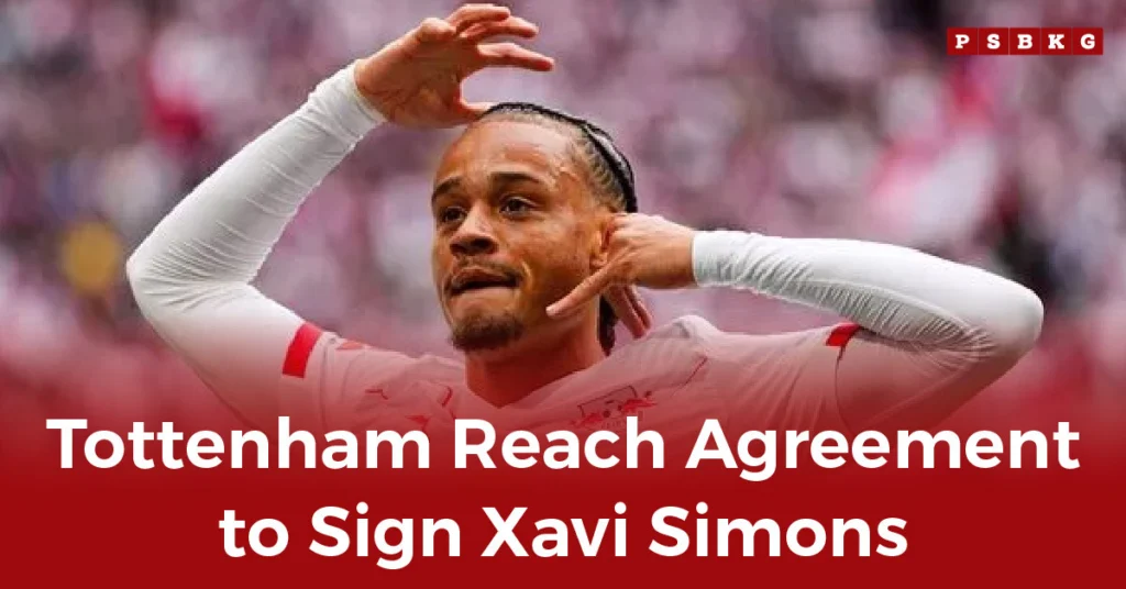 A footballer in an action pose, celebrating a moment during a match, with a blurred background and a red overlay displaying news about Tottenham move for Xavi Simons and the transfer deal.