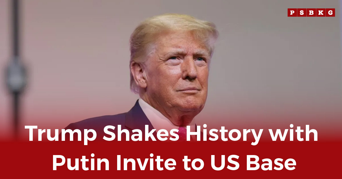 A man in a dark suit stands on stage with a gradient background, referencing the Trump Putin Alaska summit and the invitation for a US visit.