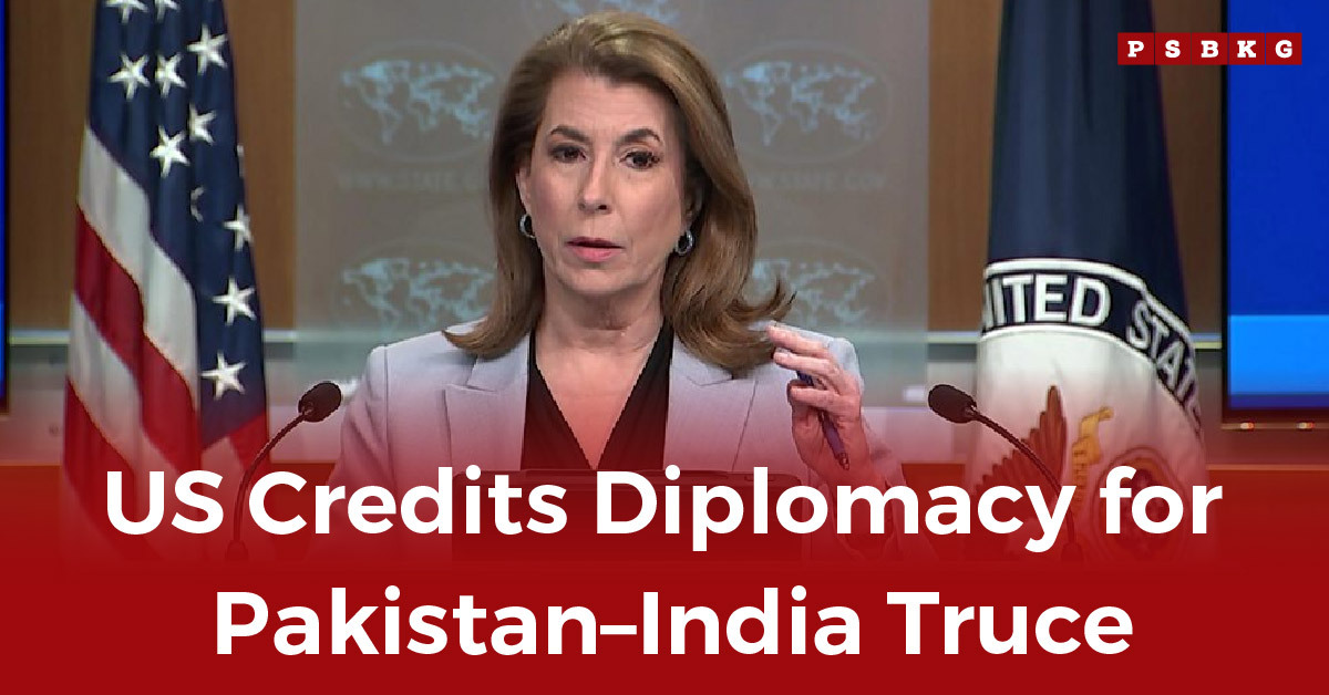 A woman speaks at a podium with the U.S. State Department seal, highlighting US diplomacy Pakistan-India truce.